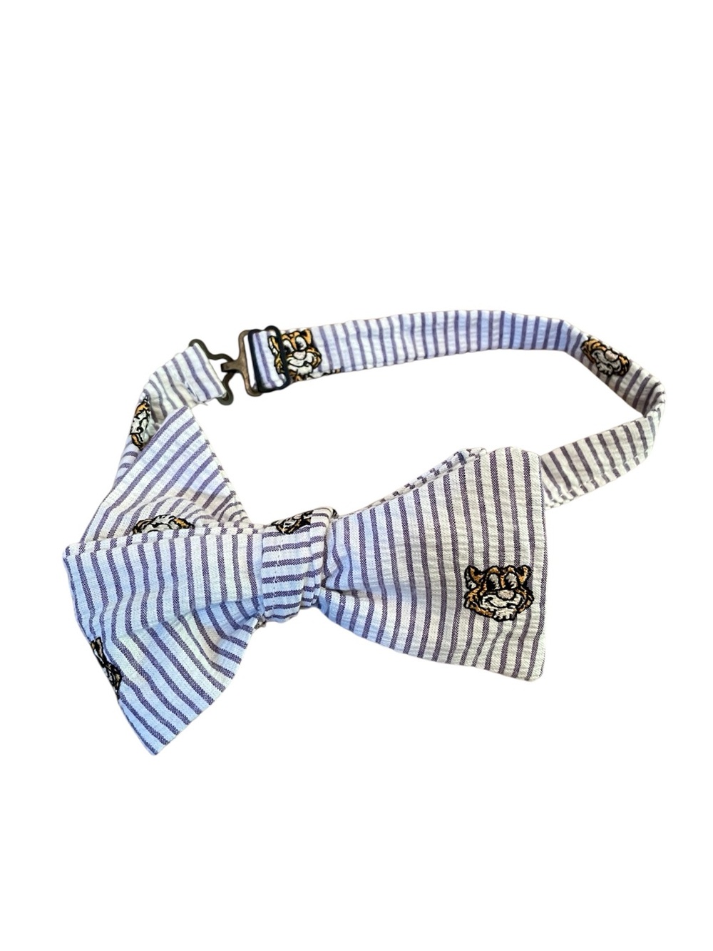 Striped Seersucker Bow Tie with Tiger Motif -Purple & White, Handmade